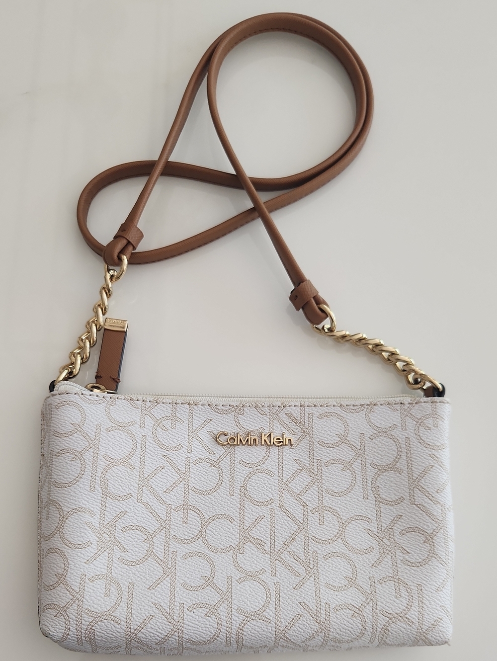 Calvin Klein White Monogram Crossbody with Tan Trim